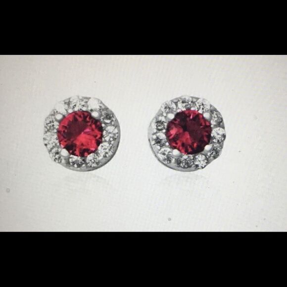 Sparkling Ruby & White Topaz Round Halo Earrings - Picture 2 of 2
